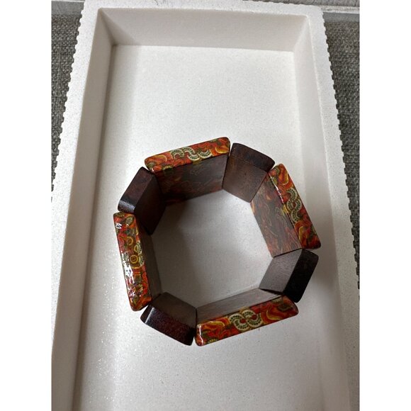 Wooden Colorful Floral Pattern Stretch Bracelet Fashion Boho Women - Picture 5 of 5